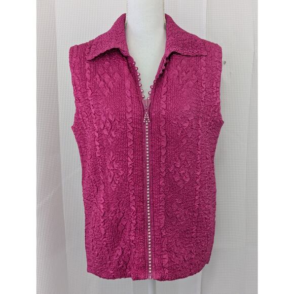 NWOT! MAGIC! FUSCHIA PINK "CRUMPLED" TEXTURE, RHINESTONE ZIPPER VEST! SZ L - Picture 2 of 9
